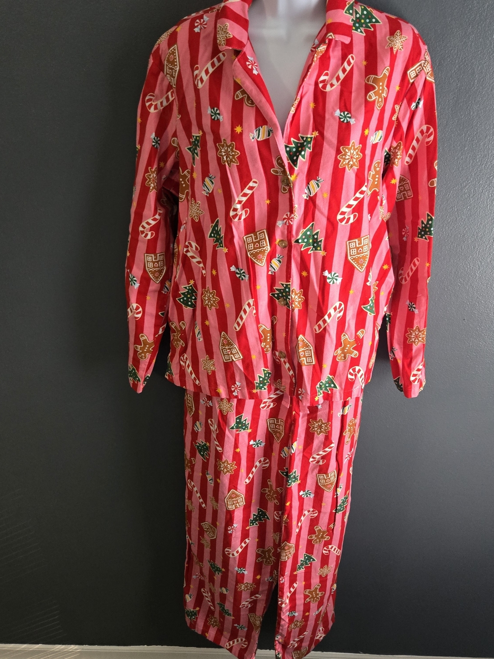 Holiday Stripe Cotton Flannel Gingerbread Candy Cane Red Pajama Set L